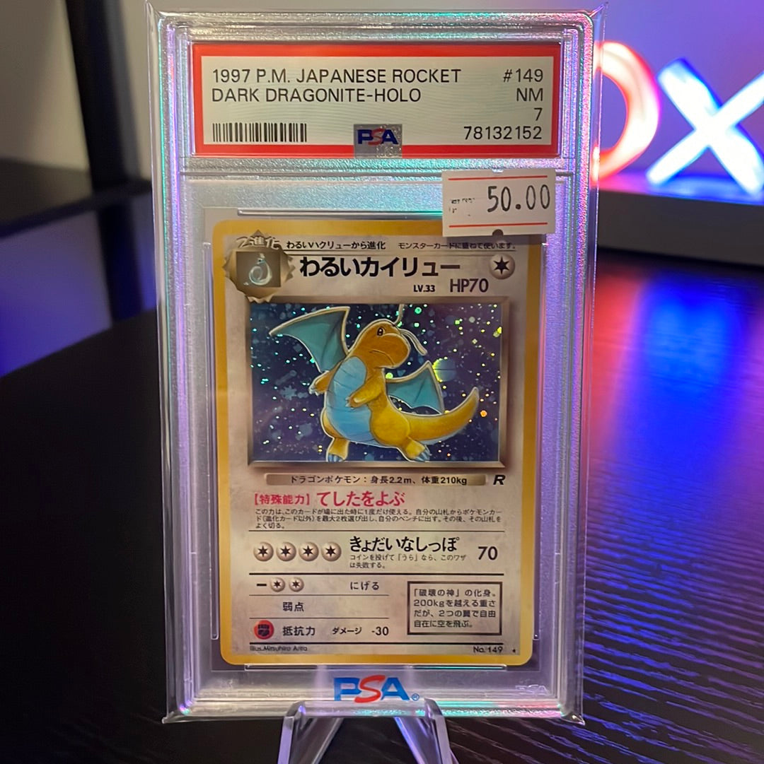 1997 P.M Japanese Rocket Dark Dragonite- Holo PSA NM 7