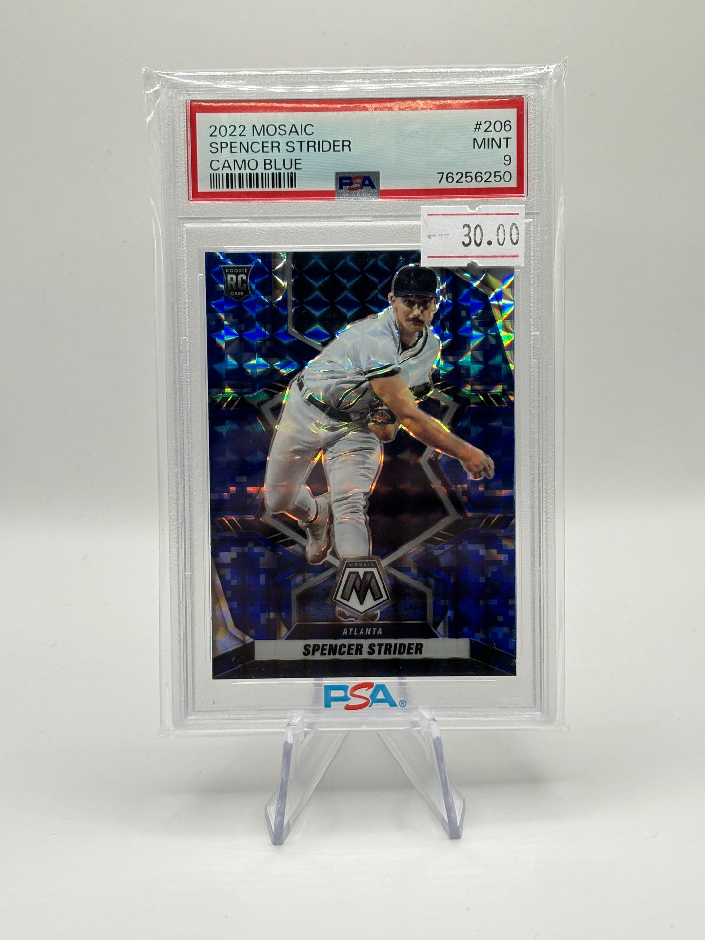 2022 Panini Mosaic - Rookies Blue Camo Mosaic Prizm #206 Spencer Strider (RC)