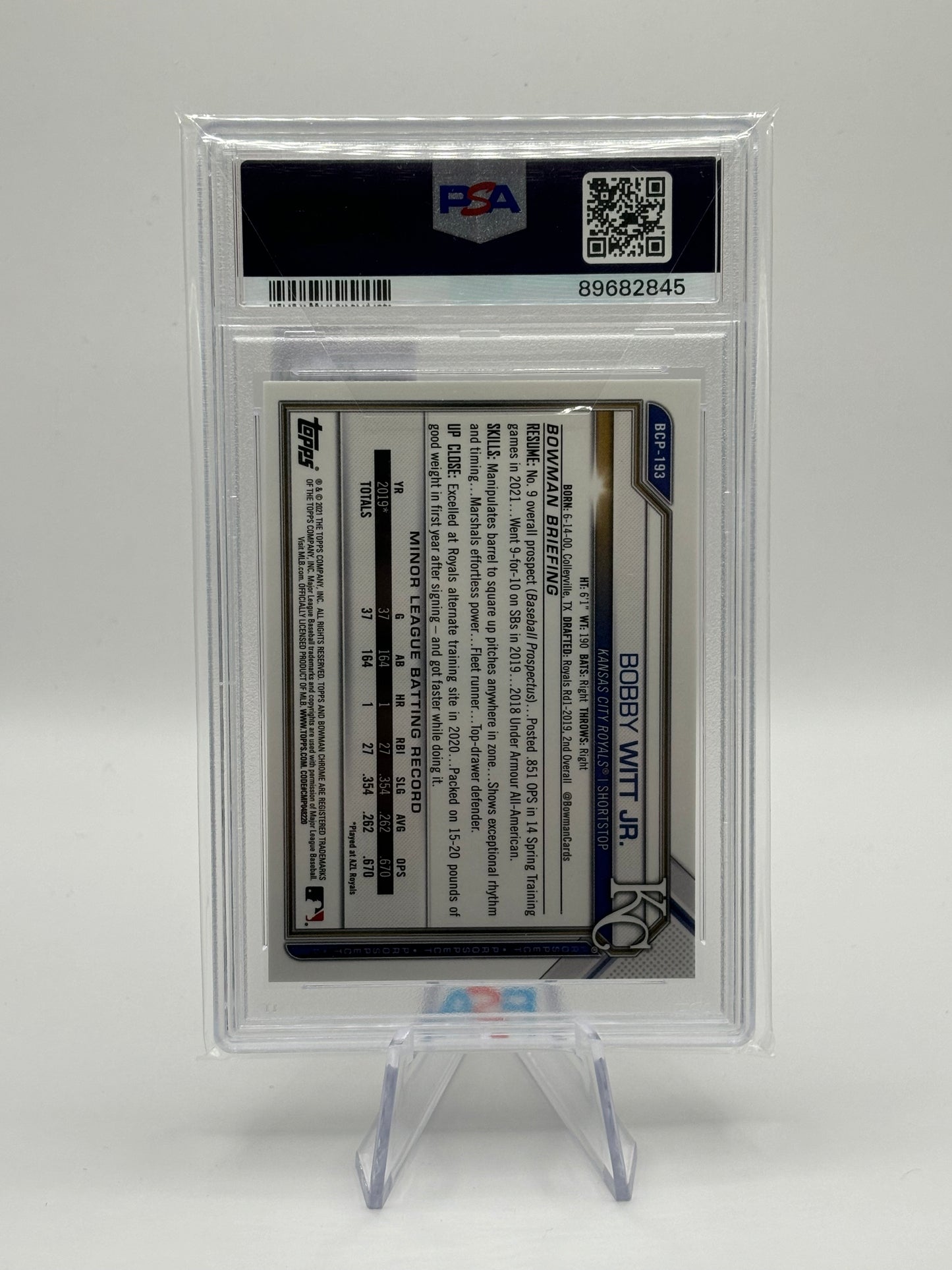 2021 Bowman Chrome Prospects Bobby Witt Jr. #BCP193 PSA MINT 9 KC Royals RC
